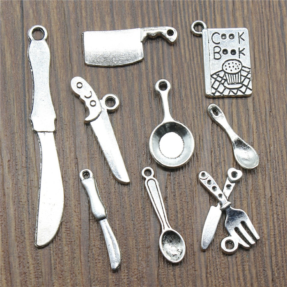 Vintage Fashion Coloring Book - 20pcs Kitchenware Charms Antique Silver Color