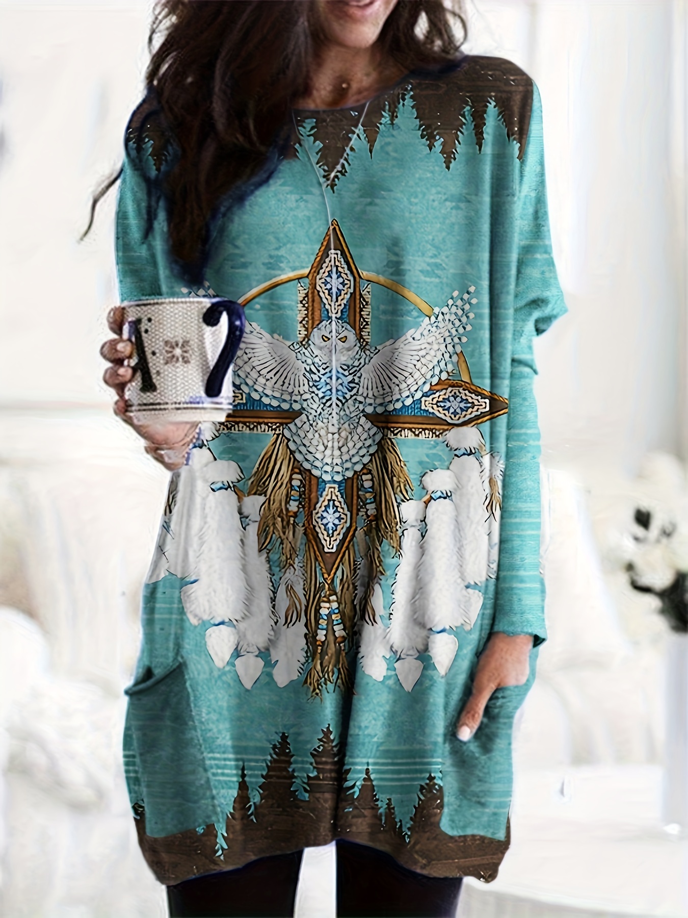 Vintage Fashion Prints - Vintage Print Long Sleeve V-Neck Button-Front